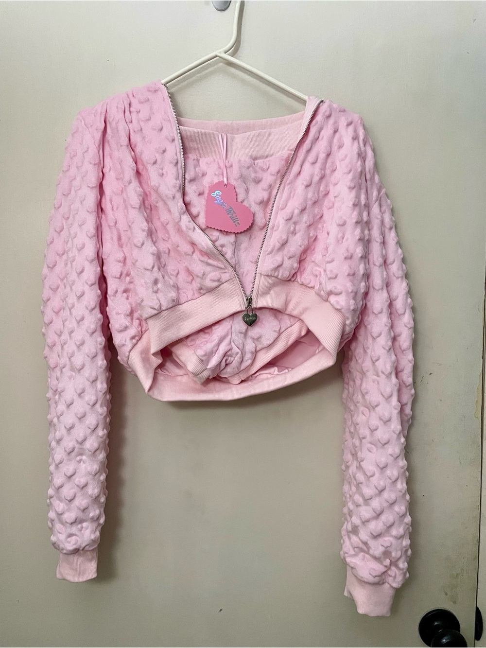 Dolls Kill Sugar Thrillz 3D pink hearts zip up hoodie set size medium NWT